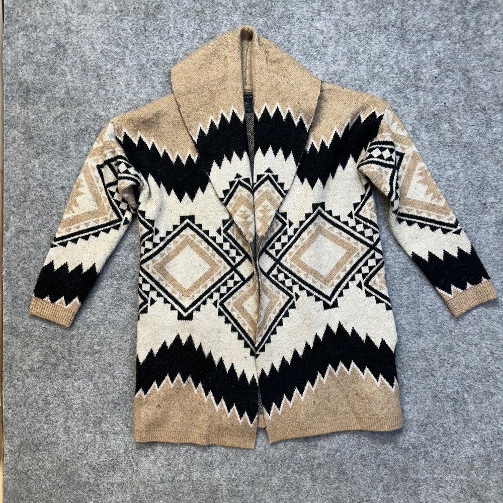 Tahari Geometric Southwestern Cardigan Women Medium Tan Black Shawl Pocket